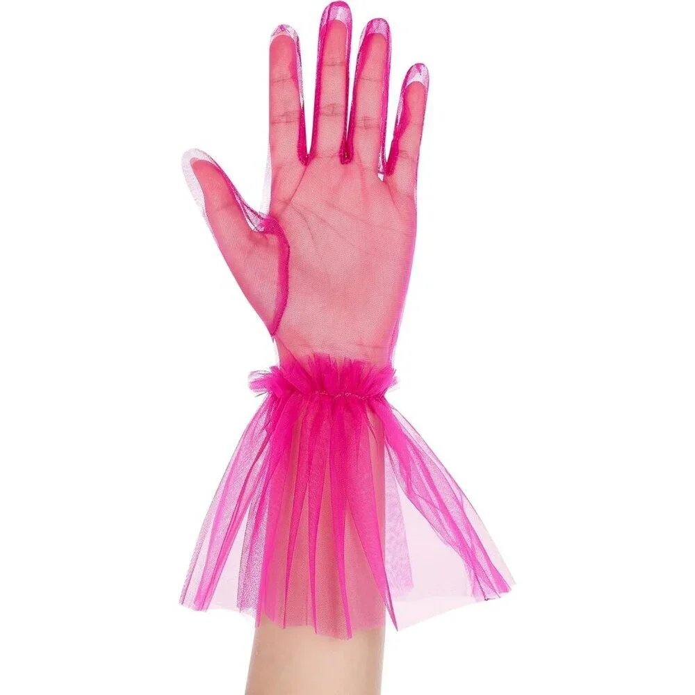 Women's Puffy Ruffle Hot Pink Tulle Sheer Mesh Party Prom One Size Short Gloves